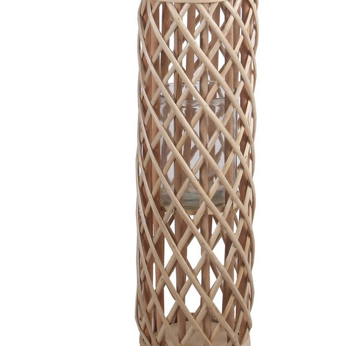 Cylindrical Bamboo Lantern with Lattice Design and Rope Handle,Medium,Brown