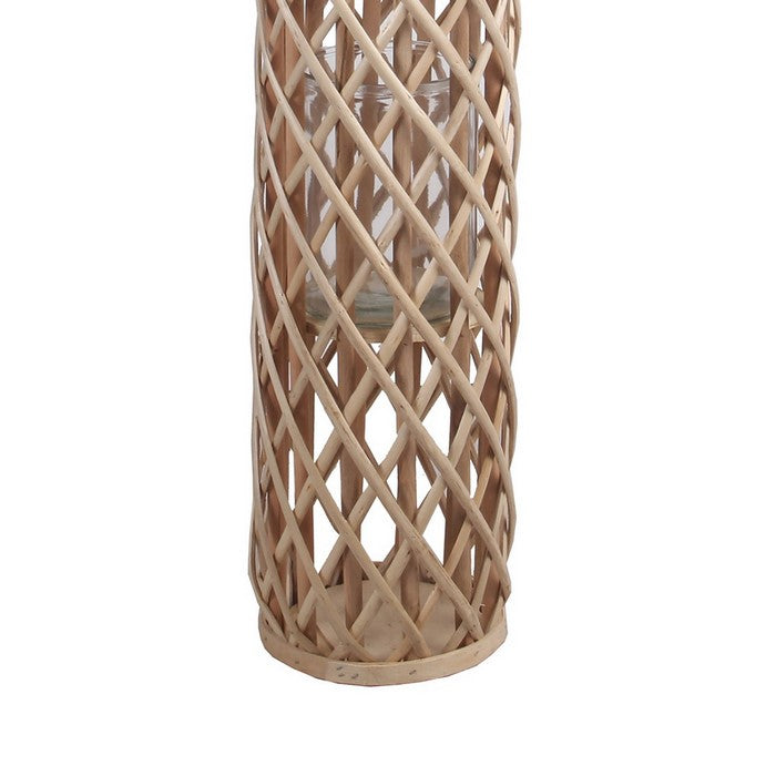 Cylindrical Bamboo Lantern with Lattice Design and Rope Handle,Medium,Brown