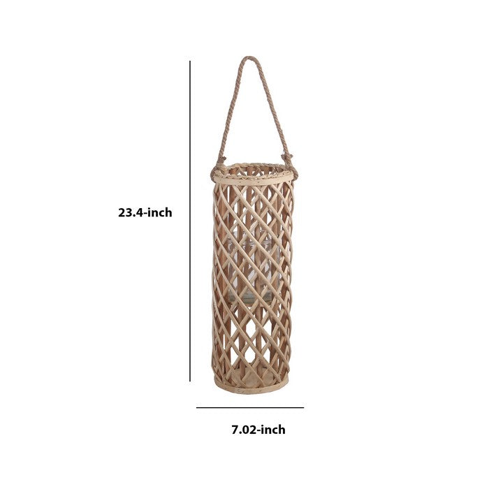 Cylindrical Bamboo Lantern with Lattice Design and Rope Handle,Medium,Brown