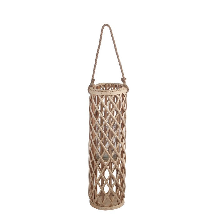 Cylindrical Bamboo Lantern with Lattice Design and Rope Handle,Medium,Brown