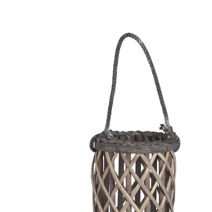 Cylindrical Bamboo Lantern with Lattice Design and Rope Handle,Medium, Gray