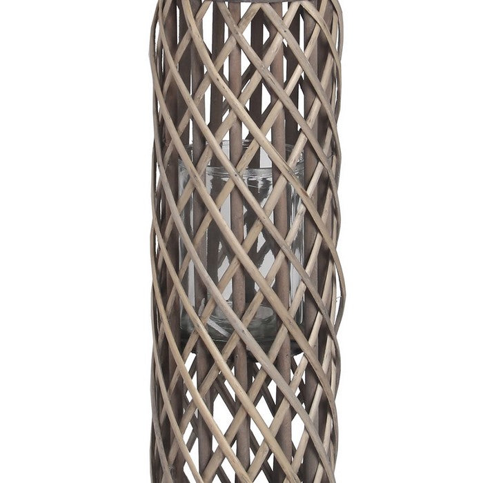 Cylindrical Bamboo Lantern with Lattice Design and Rope Handle,Medium, Gray