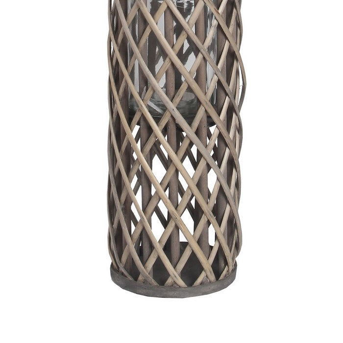 Cylindrical Bamboo Lantern with Lattice Design and Rope Handle,Medium, Gray