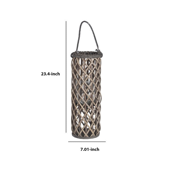 Cylindrical Bamboo Lantern with Lattice Design and Rope Handle,Medium, Gray