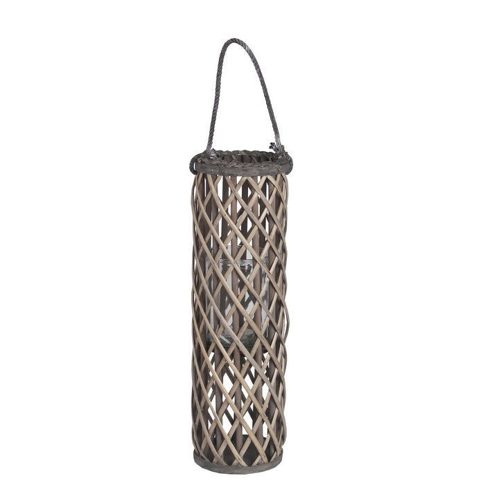 Cylindrical Bamboo Lantern with Lattice Design and Rope Handle,Medium, Gray