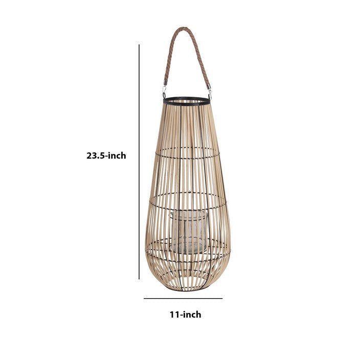 Cage Design Bamboo Lantern with Rope Hanger, Medium, Brown