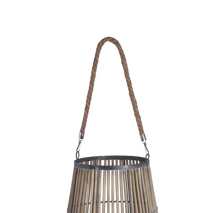 Cage Design Bamboo Lantern with Rope Hanger, Medium, Gray