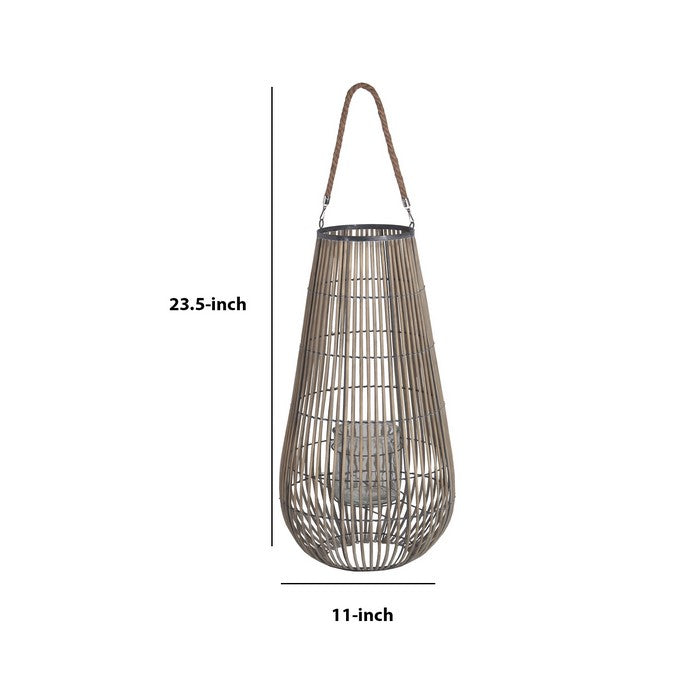 Cage Design Bamboo Lantern with Rope Hanger, Medium, Gray