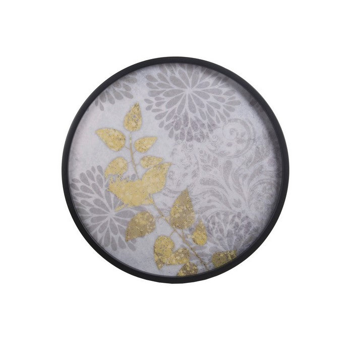 Metal Accent Table with Floral Pattern Round Tray Top, Set of 2, Black