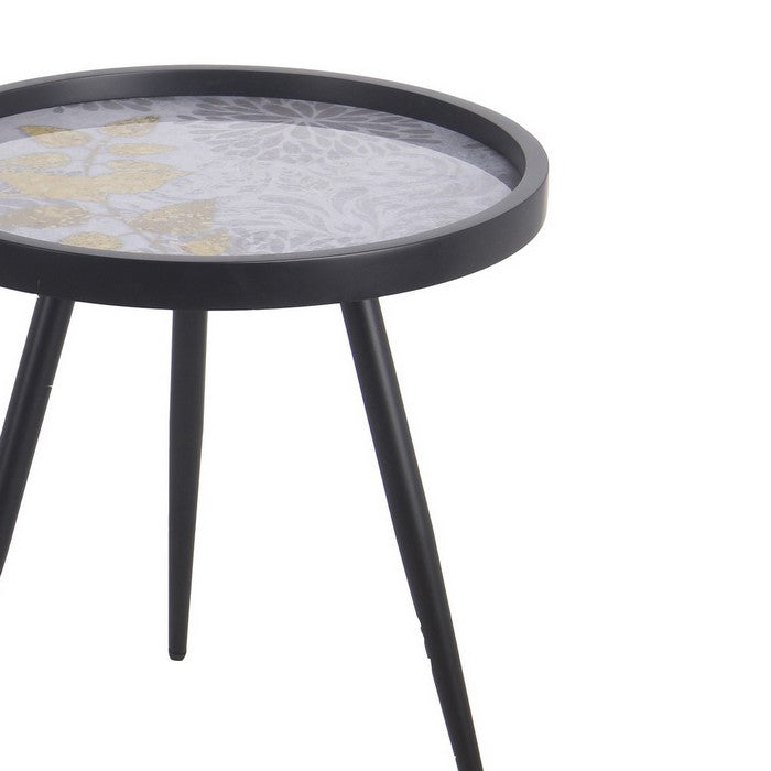Metal Accent Table with Floral Pattern Round Tray Top, Set of 2, Black