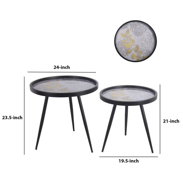 Metal Accent Table with Floral Pattern Round Tray Top, Set of 2, Black