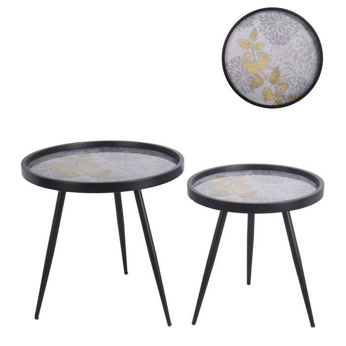 Metal Accent Table with Floral Pattern Round Tray Top, Set of 2, Black
