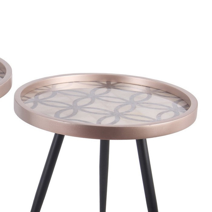 Metal Accent Table with Quatrefoil Pattern Top, Set of 2, Black and Gold