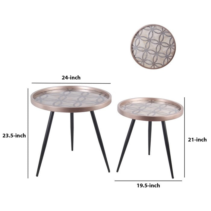 Metal Accent Table with Quatrefoil Pattern Top, Set of 2, Black and Gold