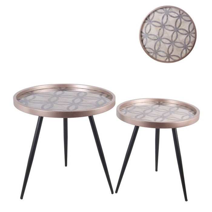 Metal Accent Table with Quatrefoil Pattern Top, Set of 2, Black and Gold