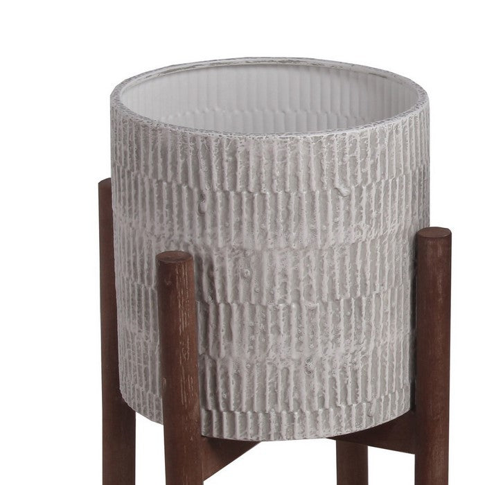 Cylindrical Metal Planter with Ribbed Texture, Set of 2, Black and White