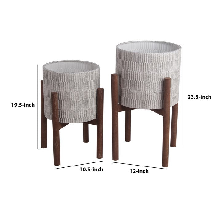 Cylindrical Metal Planter with Ribbed Texture, Set of 2, Black and White