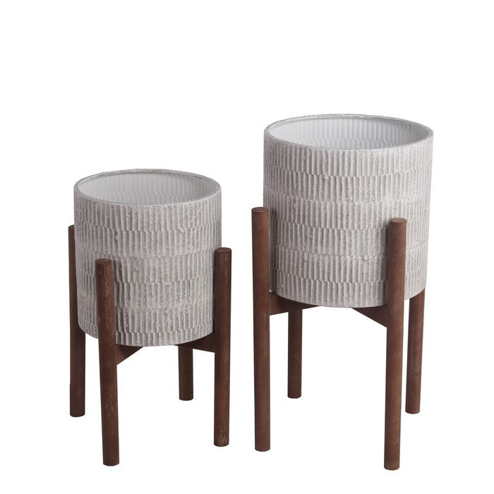 Cylindrical Metal Planter with Ribbed Texture, Set of 2, Black and White