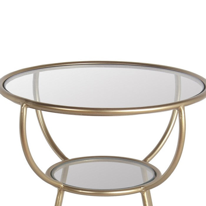 Metal Accent Table with Glass Top and Open Glass Shelf, Gold