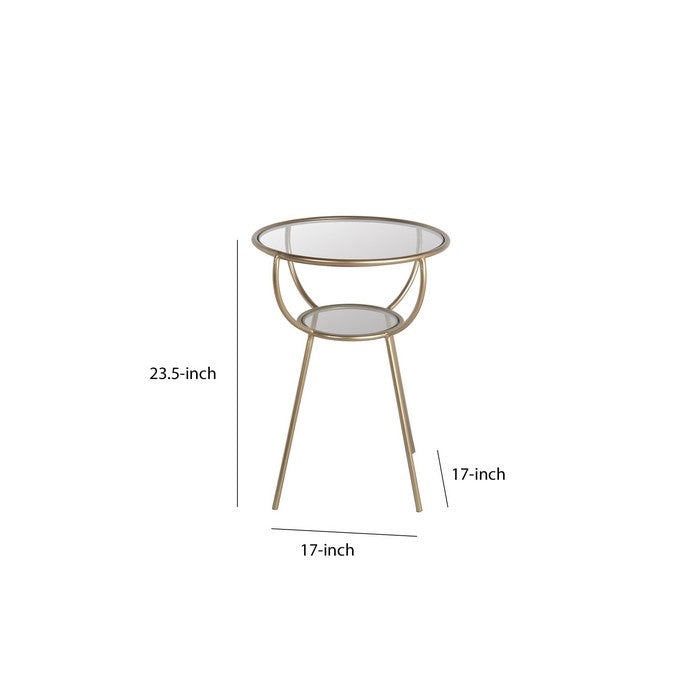 Metal Accent Table with Glass Top and Open Glass Shelf, Gold