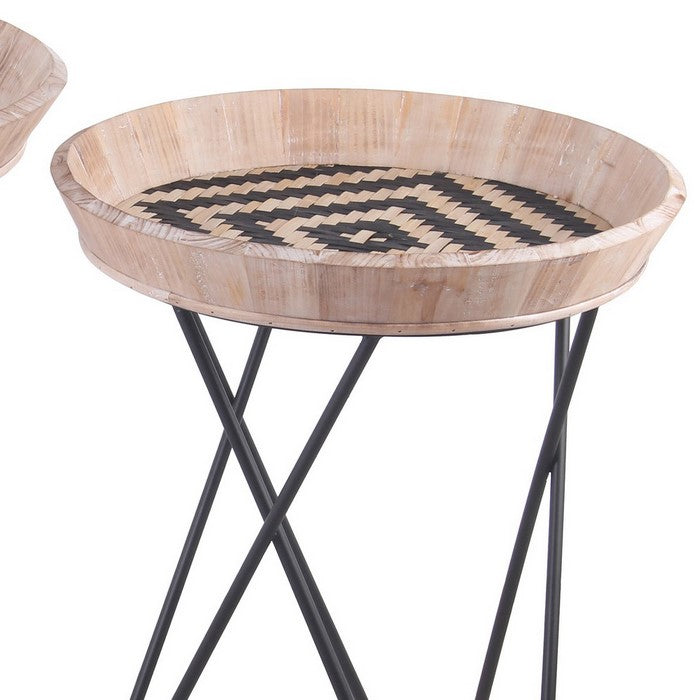 Accent Table with Woven Tray Top and Hairpin Legs,Set of 2, Black and Brown