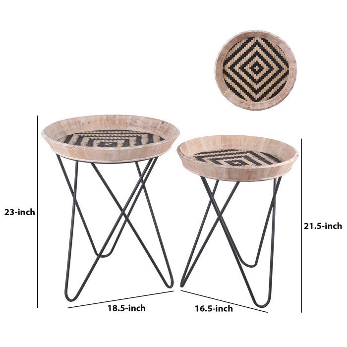 Accent Table with Woven Tray Top and Hairpin Legs,Set of 2, Black and Brown
