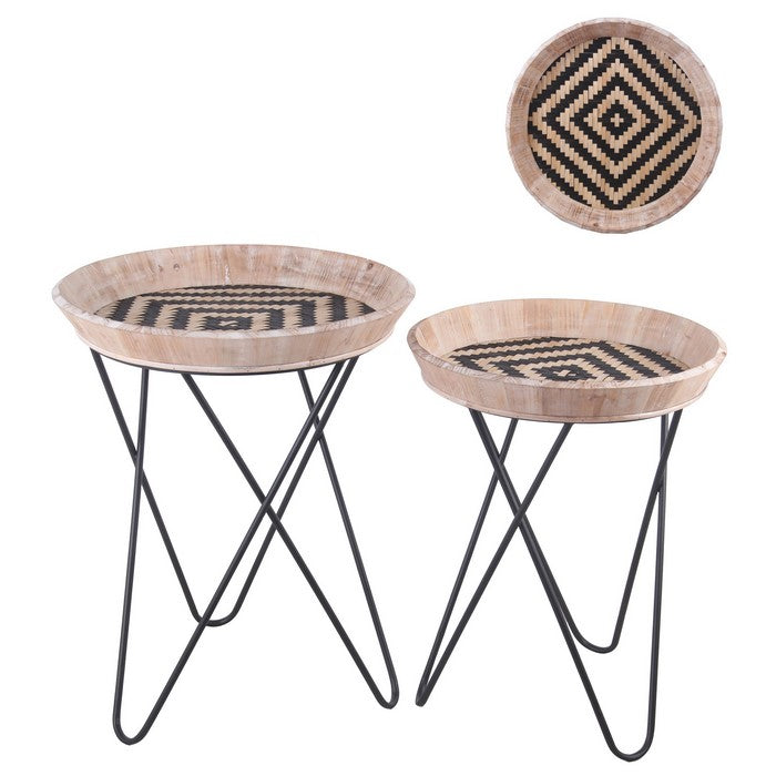 Accent Table with Woven Tray Top and Hairpin Legs,Set of 2, Black and Brown