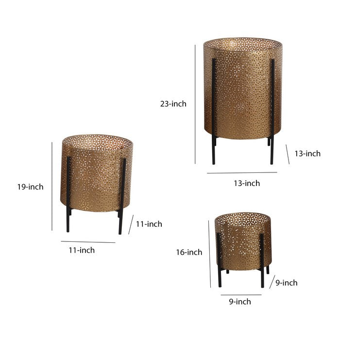 Metal Planters with Floral Hexagon Cut Out Design, Set of 3, Gold and Black