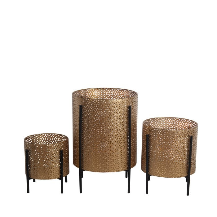Metal Planters with Floral Hexagon Cut Out Design, Set of 3, Gold and Black