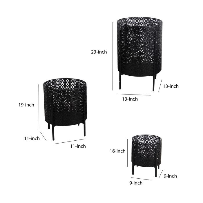 Metal Planters with Floral Hexagon Cut Out Design, Set of 3, Black