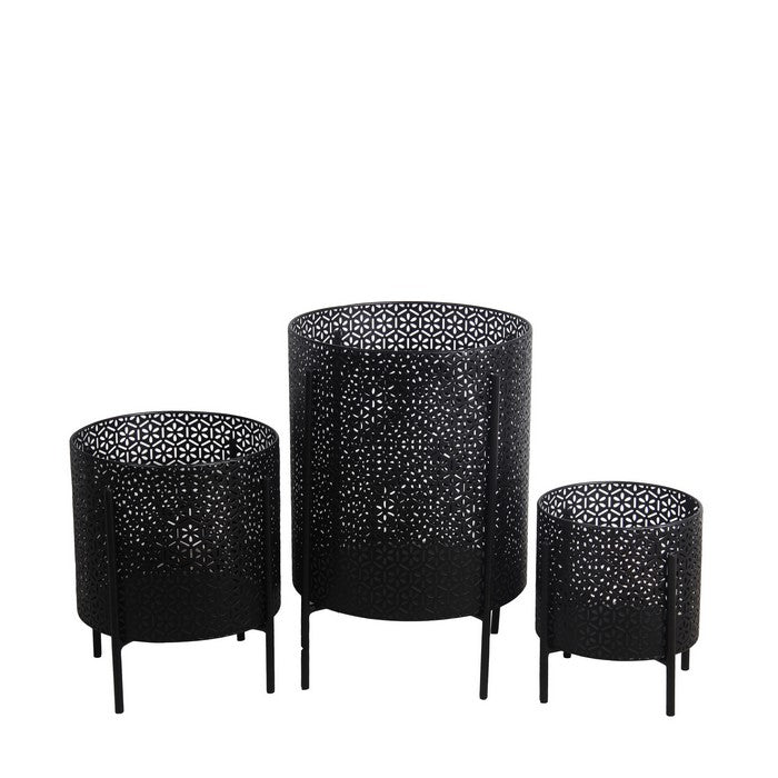 Metal Planters with Floral Hexagon Cut Out Design, Set of 3, Black
