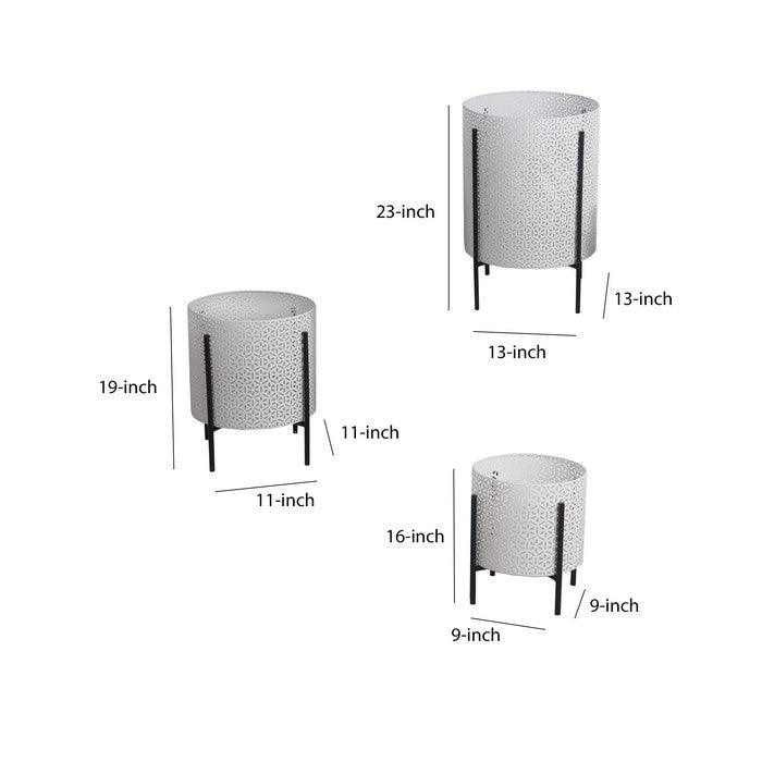 Metal Planters with Floral Hexagon Cut Out Design, Set of 3,White and Black