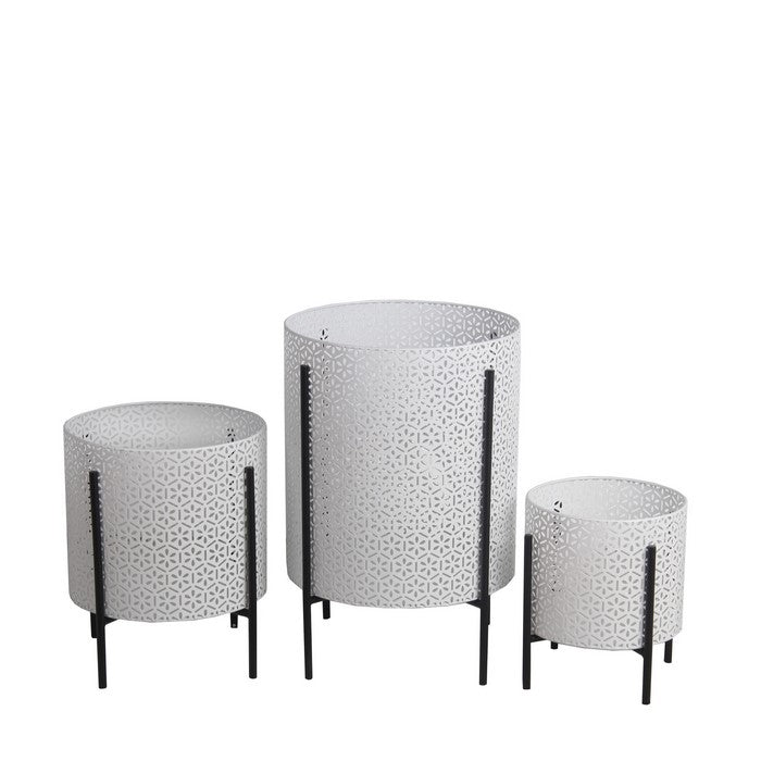 Metal Planters with Floral Hexagon Cut Out Design, Set of 3,White and Black