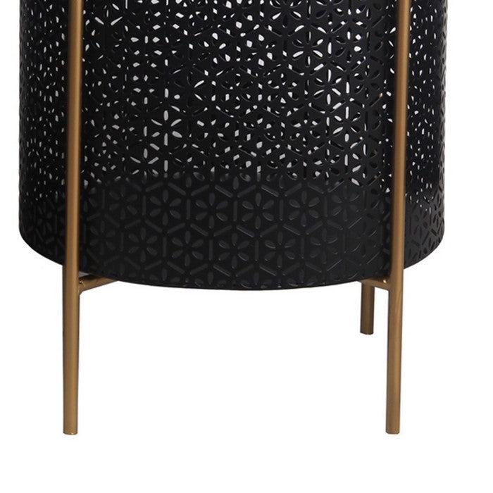 Metal Planters with Floral Hexagon Cut Out Design, Set of 3, Black and Gold