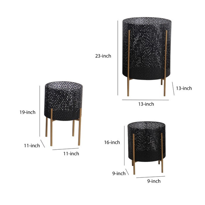 Metal Planters with Floral Hexagon Cut Out Design, Set of 3, Black and Gold