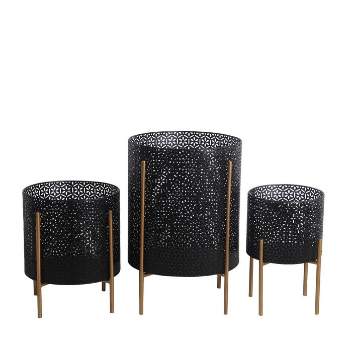Metal Planters with Floral Hexagon Cut Out Design, Set of 3, Black and Gold