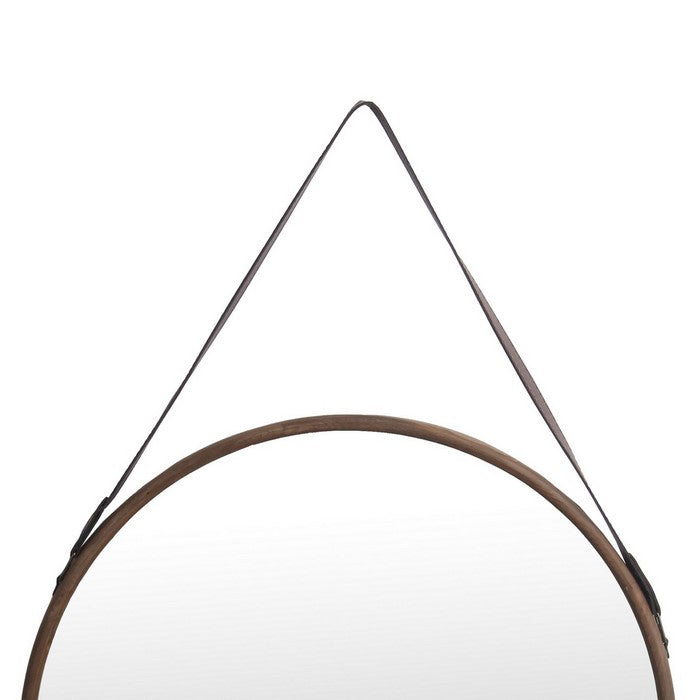 Round Wooden Frame Wall Mirror with Leather Hanger, Small, Black and Brown