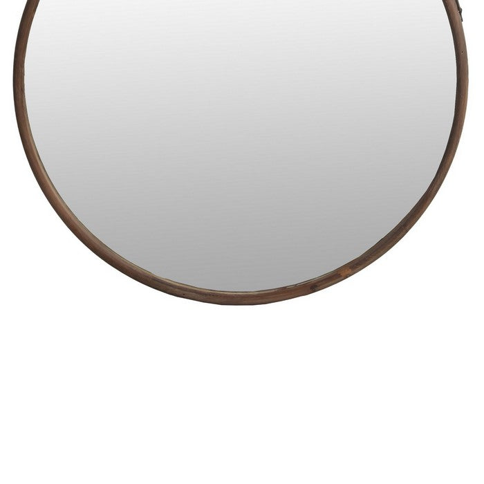 Round Wooden Frame Wall Mirror with Leather Hanger, Small, Black and Brown