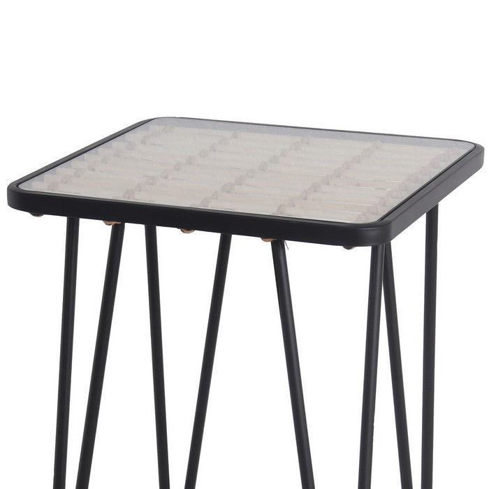 Metal and Glass Accent Table with Slatted Bamboo Top,Large, Black and Clear