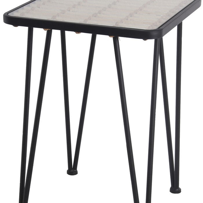 Metal and Glass Accent Table with Slatted Bamboo Top,Large, Black and Clear