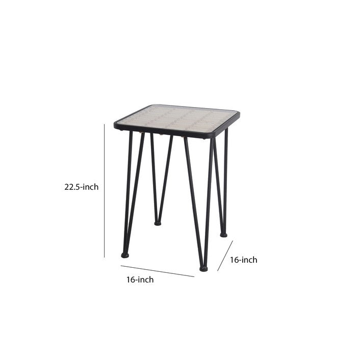 Metal and Glass Accent Table with Slatted Bamboo Top,Large, Black and Clear