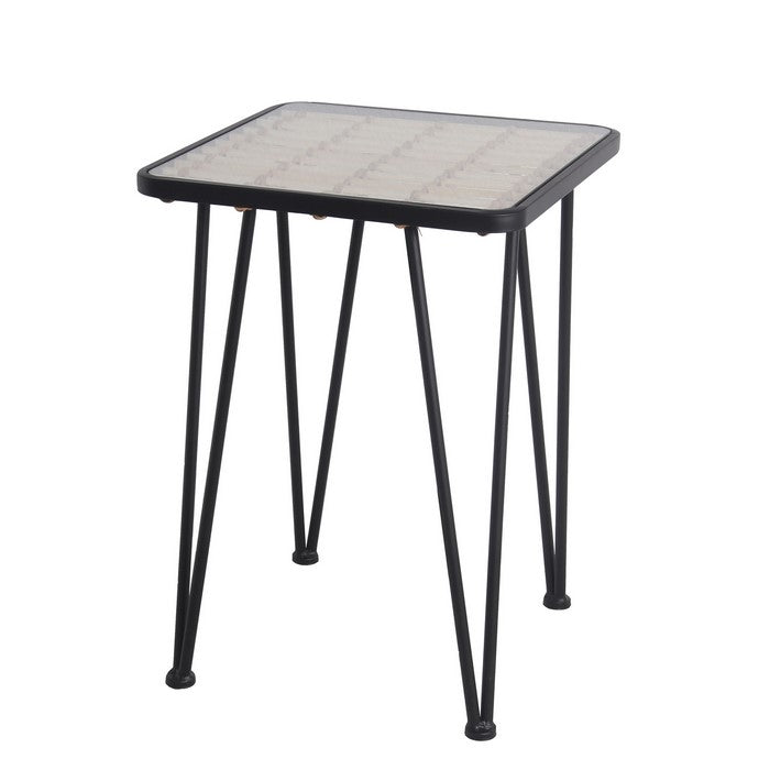 Metal and Glass Accent Table with Slatted Bamboo Top,Large, Black and Clear