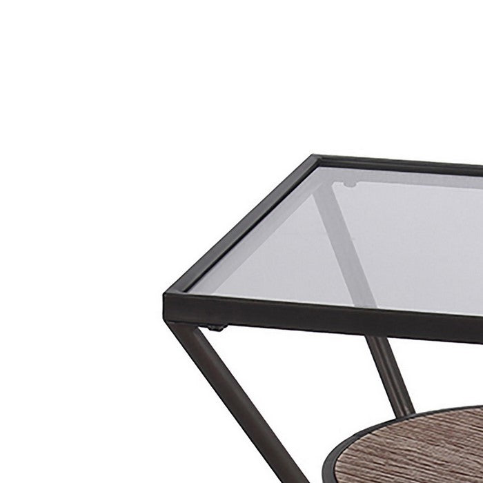 Metal Accent Table with Glass Top and Open Wooden Shelf, Black