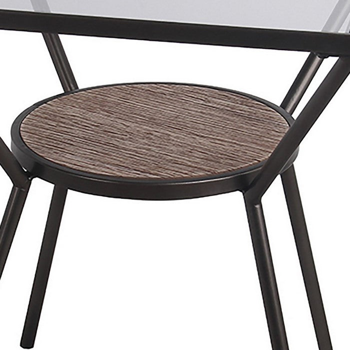 Metal Accent Table with Glass Top and Open Wooden Shelf, Black
