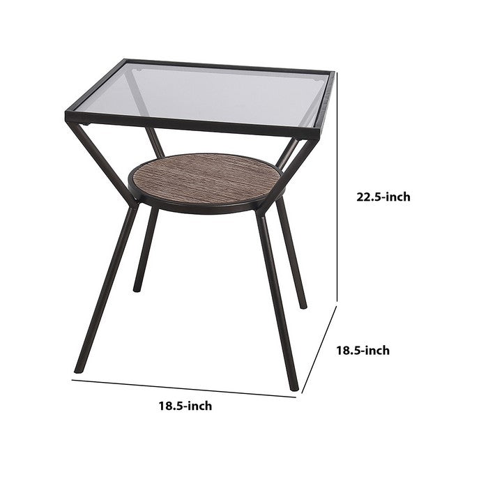 Metal Accent Table with Glass Top and Open Wooden Shelf, Black