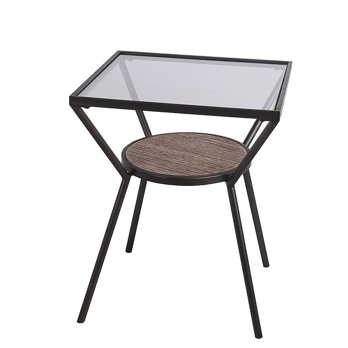 Metal Accent Table with Glass Top and Open Wooden Shelf, Black