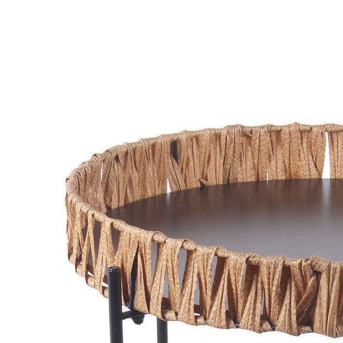 Round Accent Table with Tubular Legs and Cross Base, Large,Black and Brown