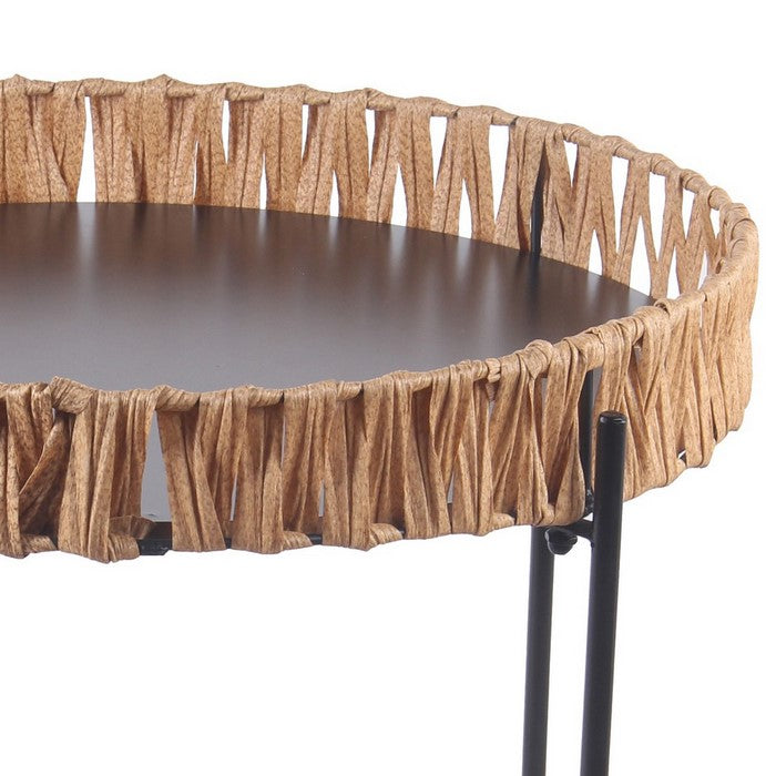 Round Accent Table with Tubular Legs and Cross Base, Large,Black and Brown