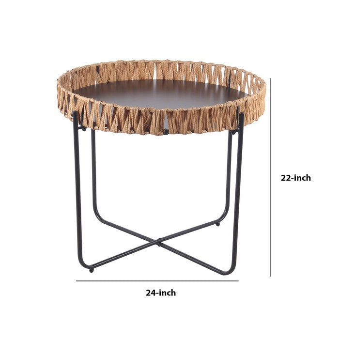 Round Accent Table with Tubular Legs and Cross Base, Large,Black and Brown