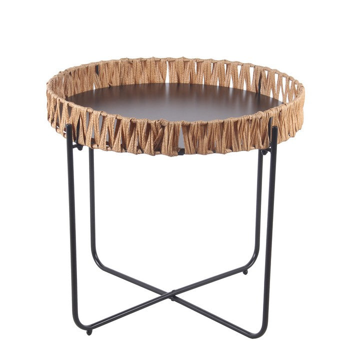 Round Accent Table with Tubular Legs and Cross Base, Large,Black and Brown
